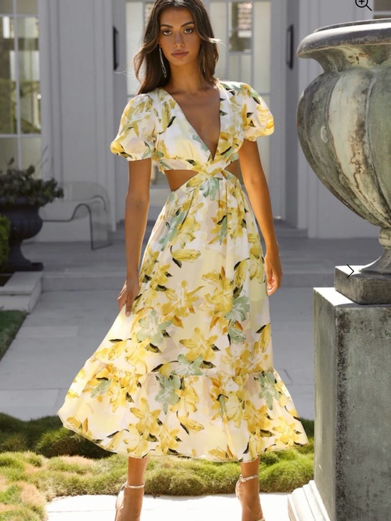 Hello Molly Dresses & Skirts - Hello Molly Yellow Floral Cutout Midi Dress with Puff Sleeves -Sz S